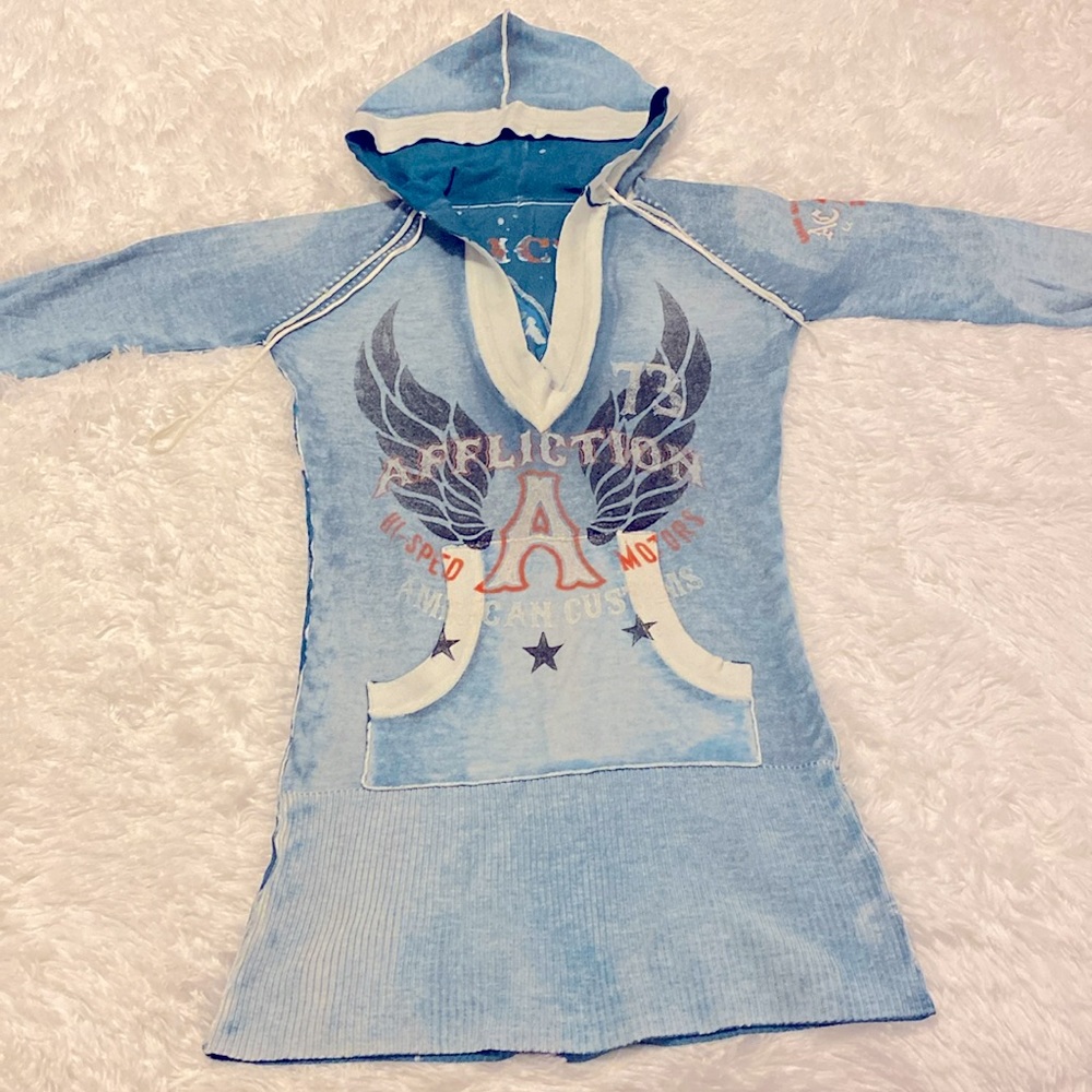 NWOT AFFLICTION REVERSIBLE HOODED SWEATER DRESS/ TUNIC/ WASHED BLUE SZ M